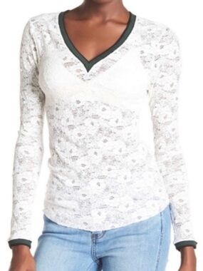 Intimately Free People White Lace Sheer V-Neck Long Sleeve Top